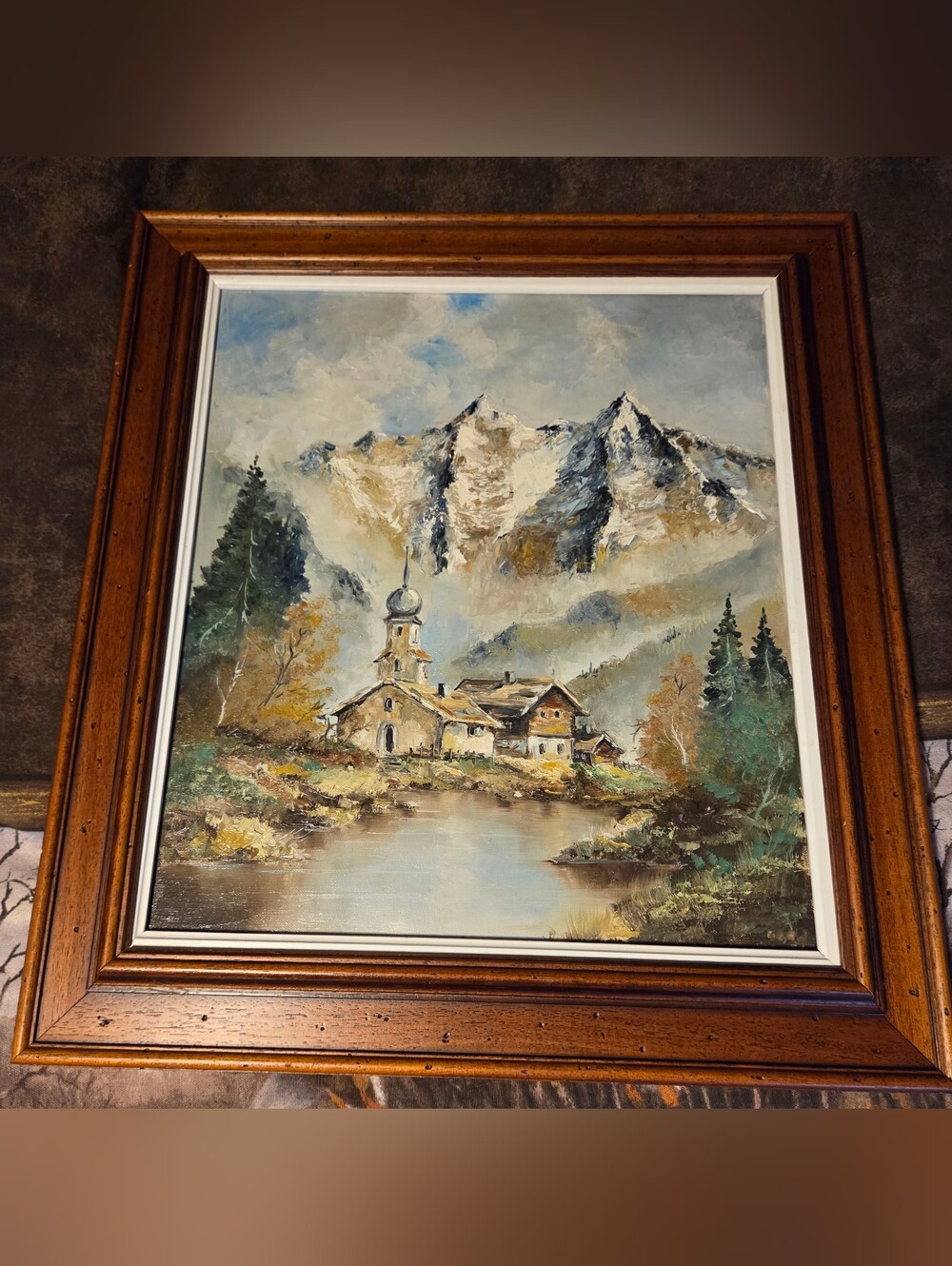 Vintage Framed Oil Painting Rustic River & Trees Carved Wood 22” X 20"